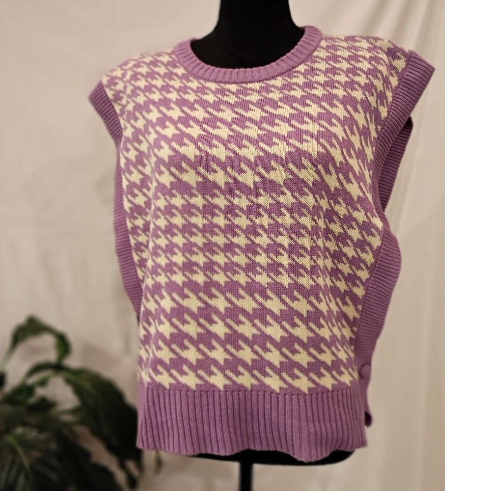 &merci Purple Houndstooth Knit Sweater Vest Womens Large Open‎ Side Sleeveless